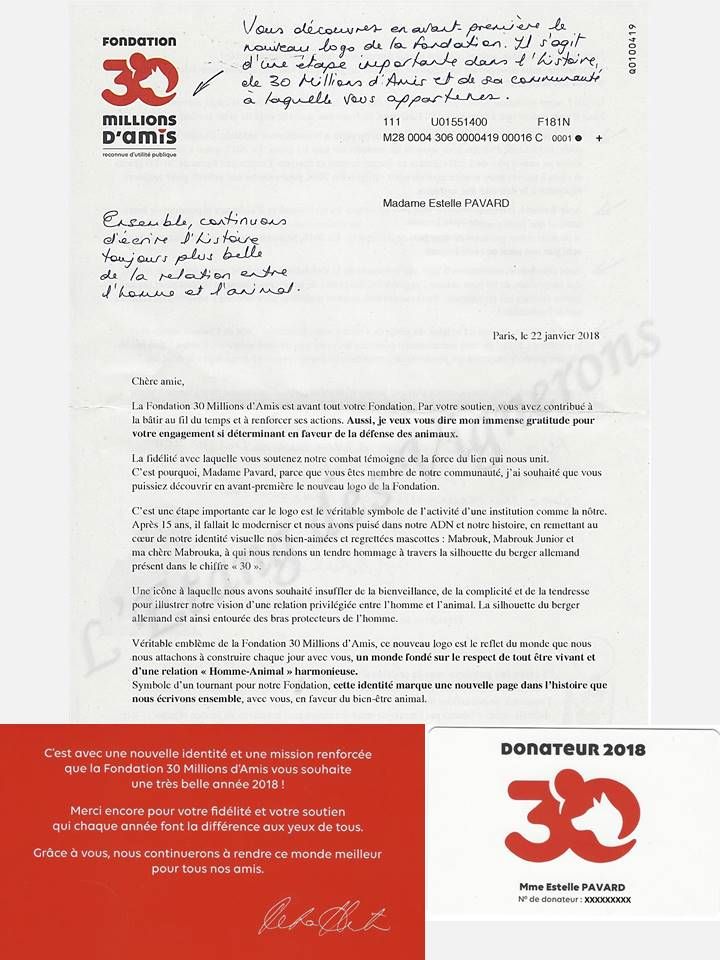 De L'etang Des Vignerons - Courrier reçu de la FONDATION 30 MILLIONS D'AMIS